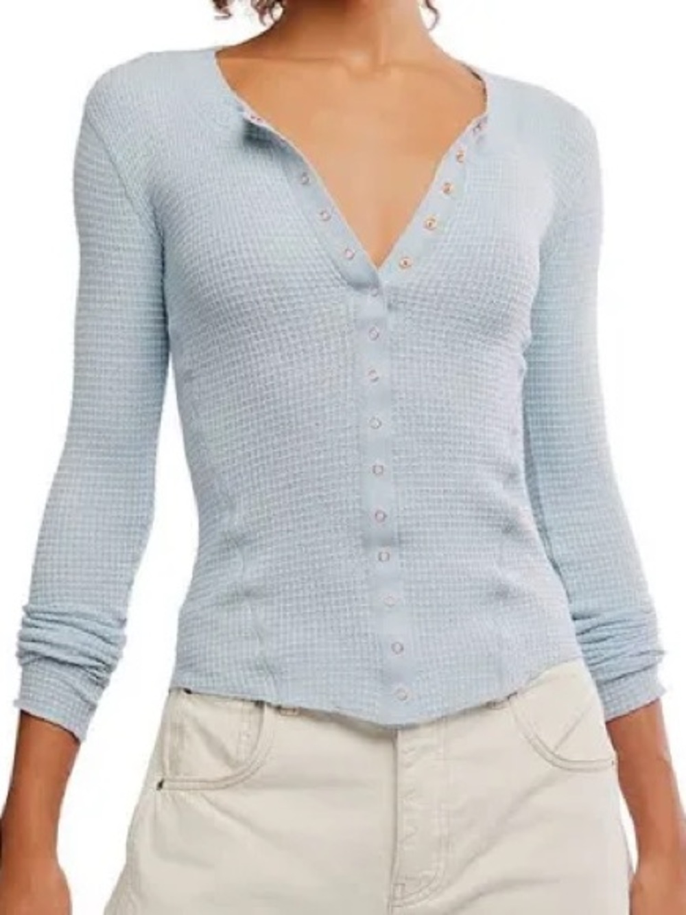 1324. FREE PEOPLE Going Places Long Sleeve Cardigan in Pearl Blue Sz L NWT $40